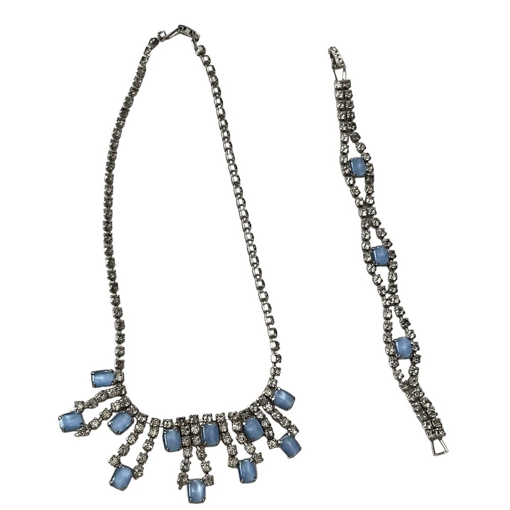 Blue Rhinestone Necklace And Bracelet Set Art Deco Style Silver Tone Fast Ship‎